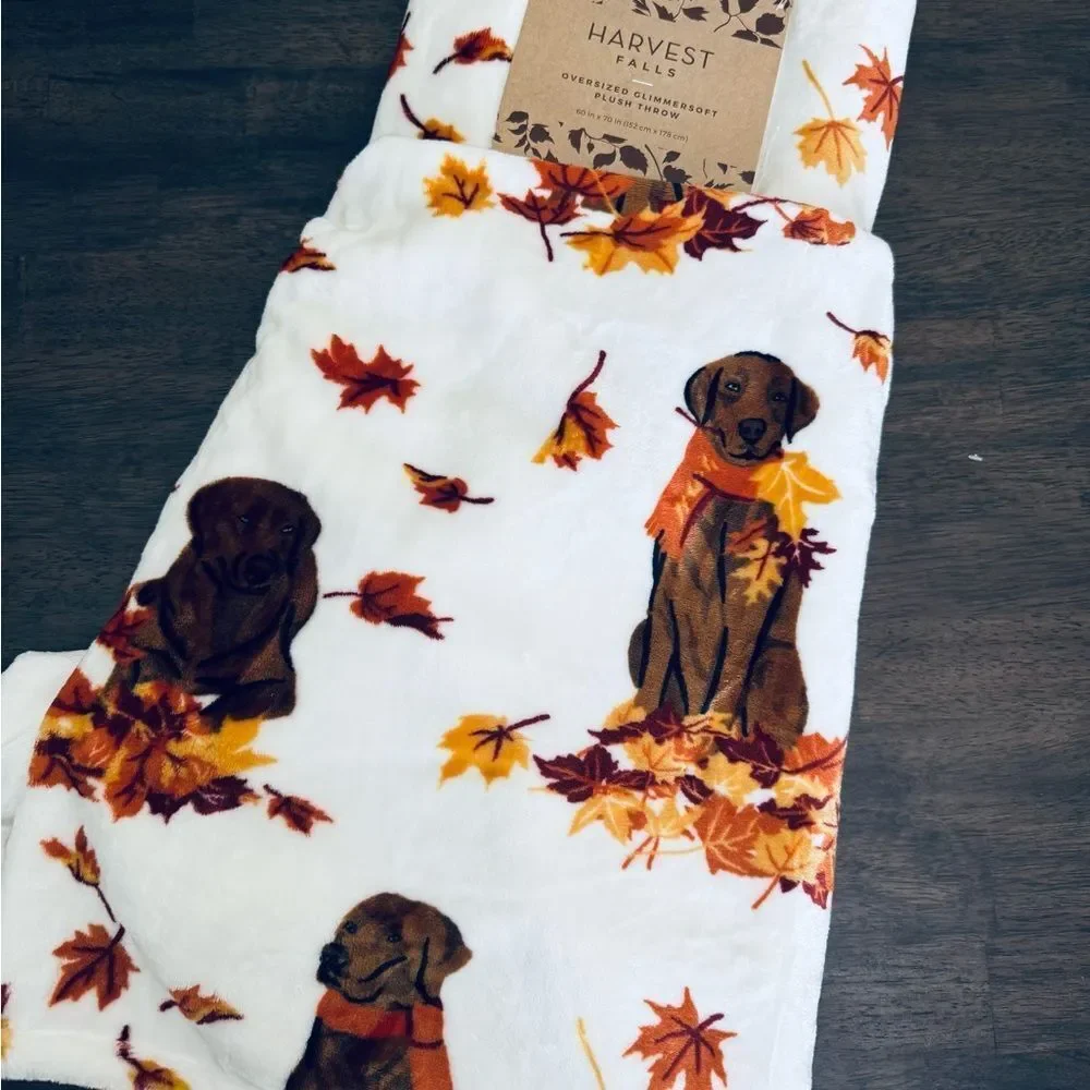 Plush Fall Halloween Chocolate Lab Dog Leaves Throw Blanket